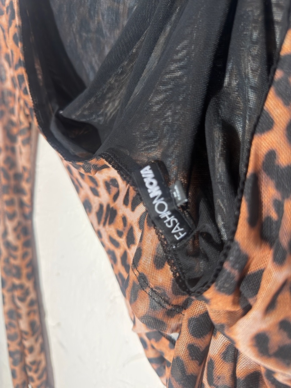 Fashion Nova Leopard Print Backless Mesh Dress in Black and Brown